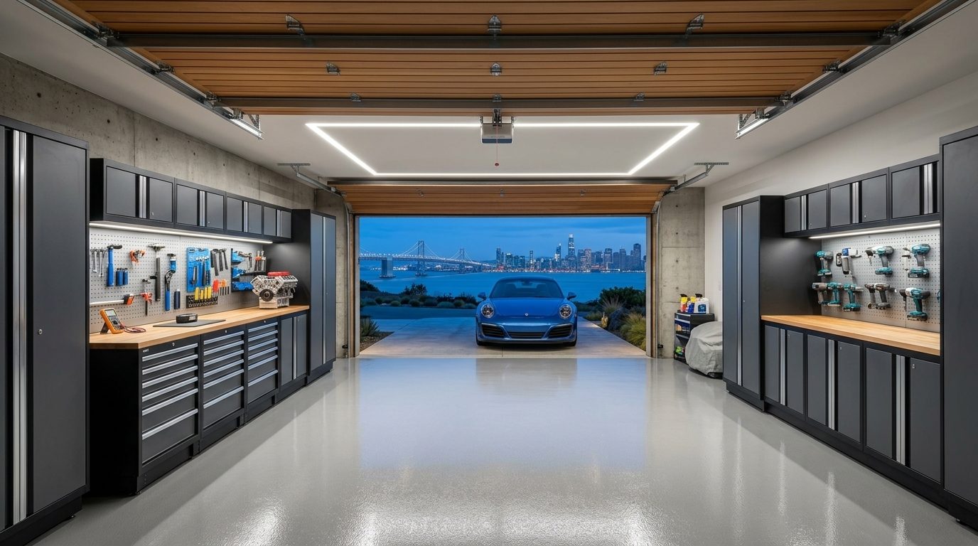 Petherick Garage Door Repairs Interior View of Custom Garage Door Overhead and Workshop